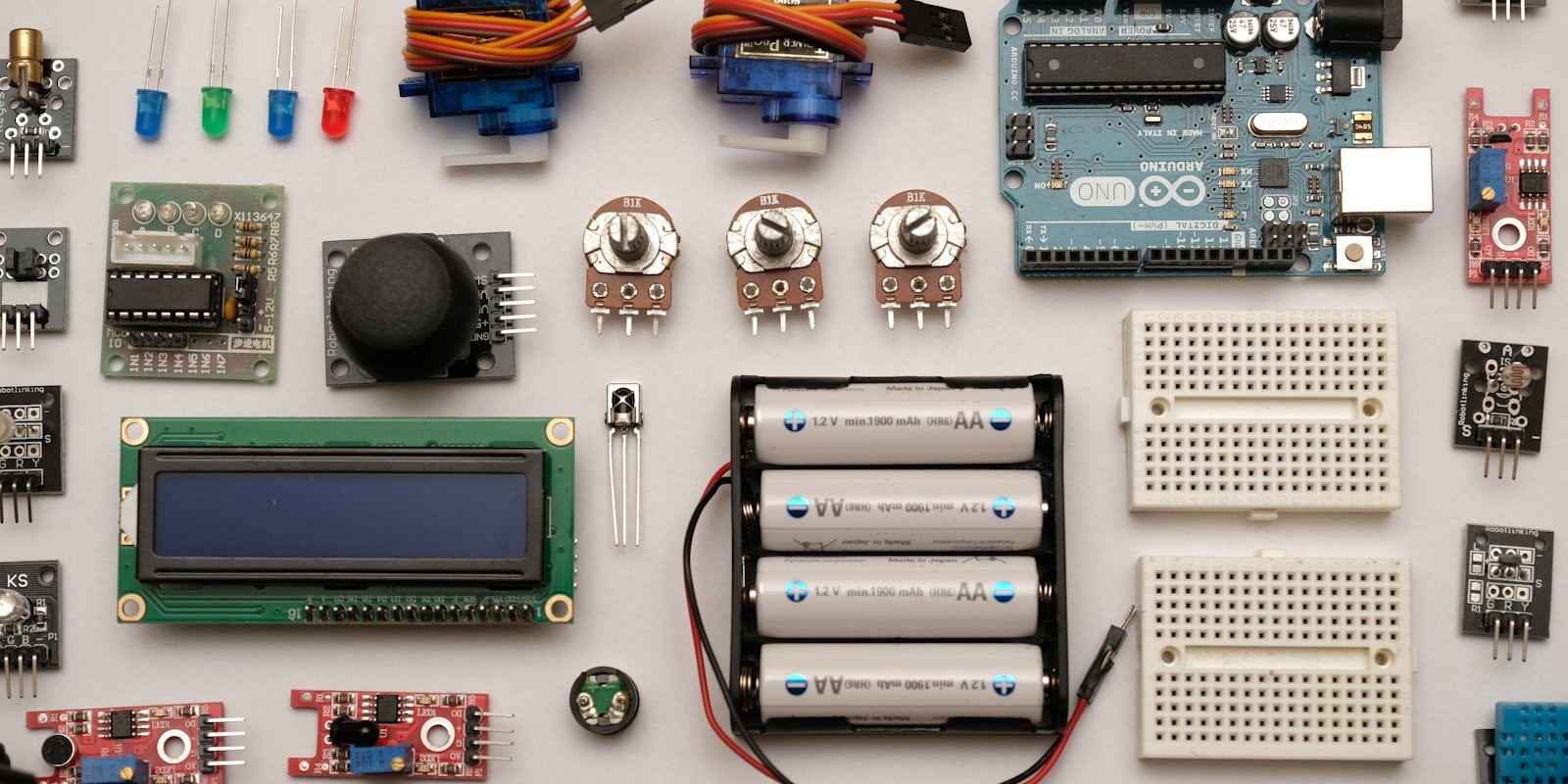 Electronics prototyping bench with microcontroller boards and components